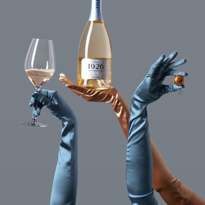 Bottiglia di vino e calice tenuti da mani con guanti di raso