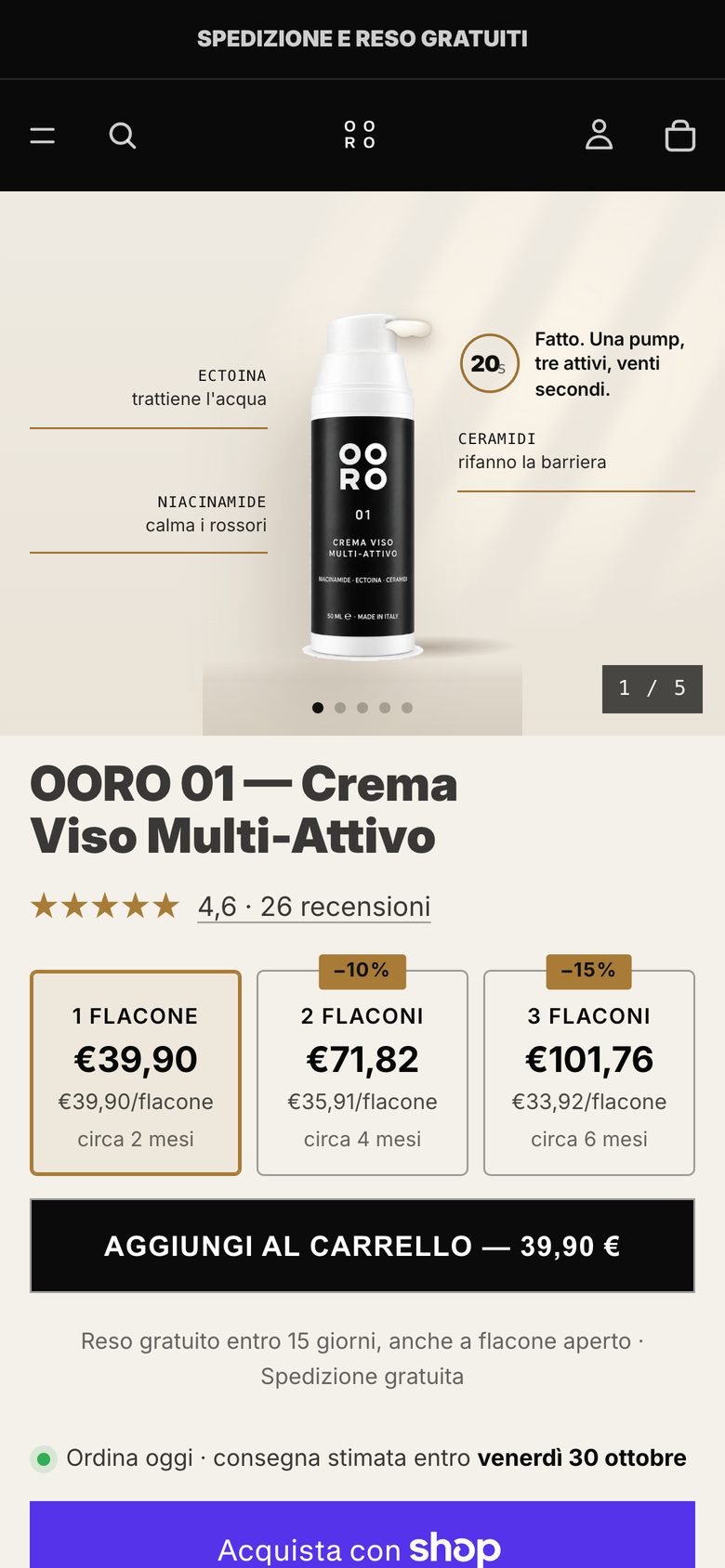 La scheda di OORO sul telefono, con il rito dei 20 secondi